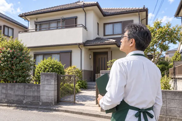 戸建ての前に立つ代表（架空・イメージ）